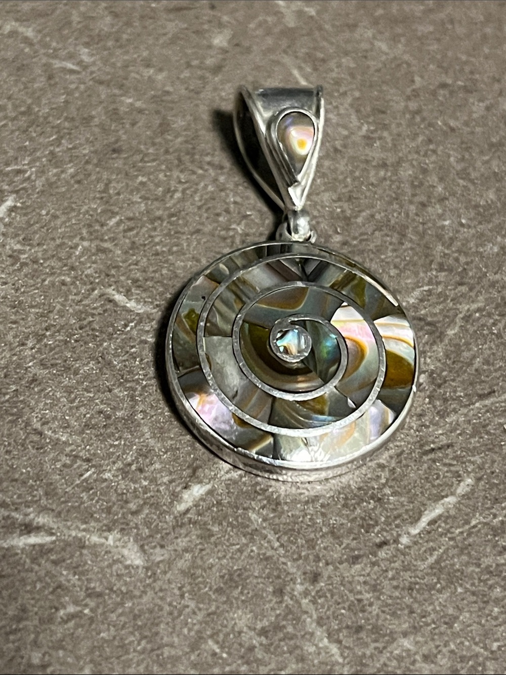 950 marked Sterling Silver Abalone Spiral Pendant - Iridescent Mother of Pearl